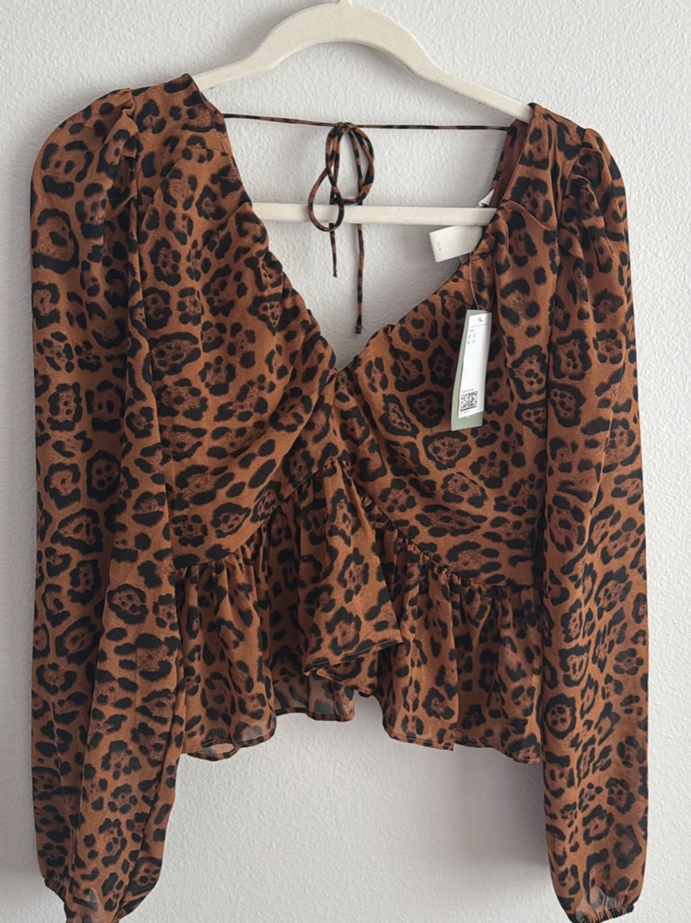 H&M Brown and Black Leopard-Print Peplum Blouse